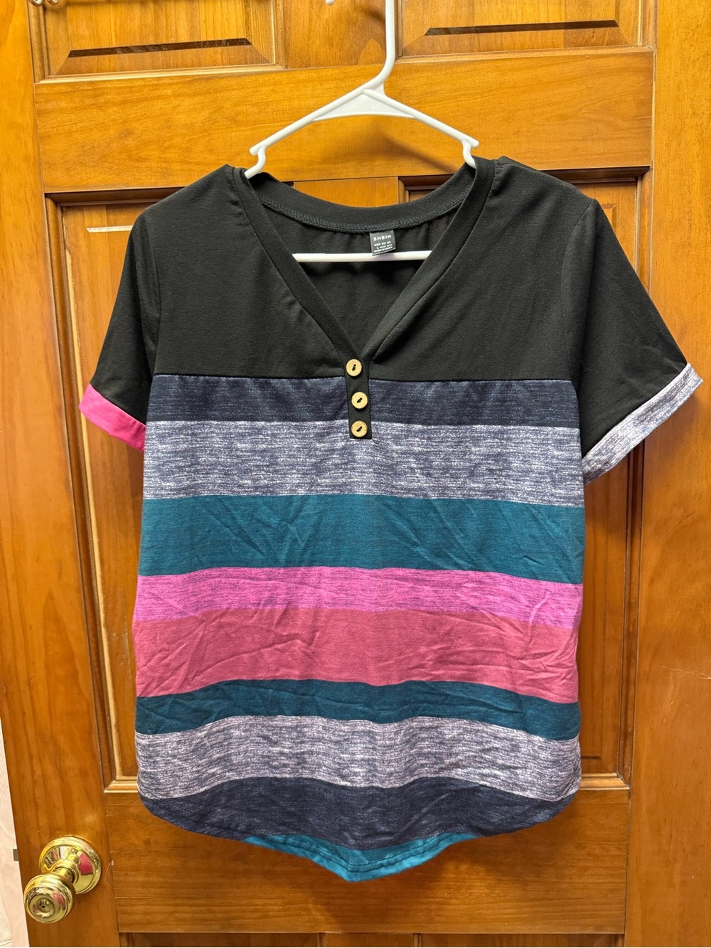 SHEIN Black V-Neck Short Sleeve Top with Teal, Pink & Gray Stripes #B